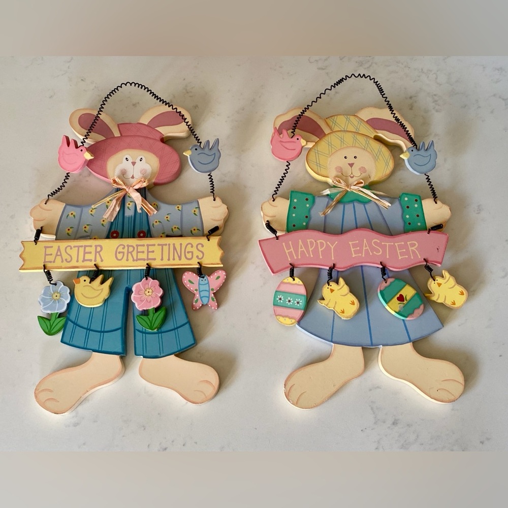Set of 2 Happy Easter Bunny Boy Girl Bunnies Self Hanging Wooden Wall Door Decor